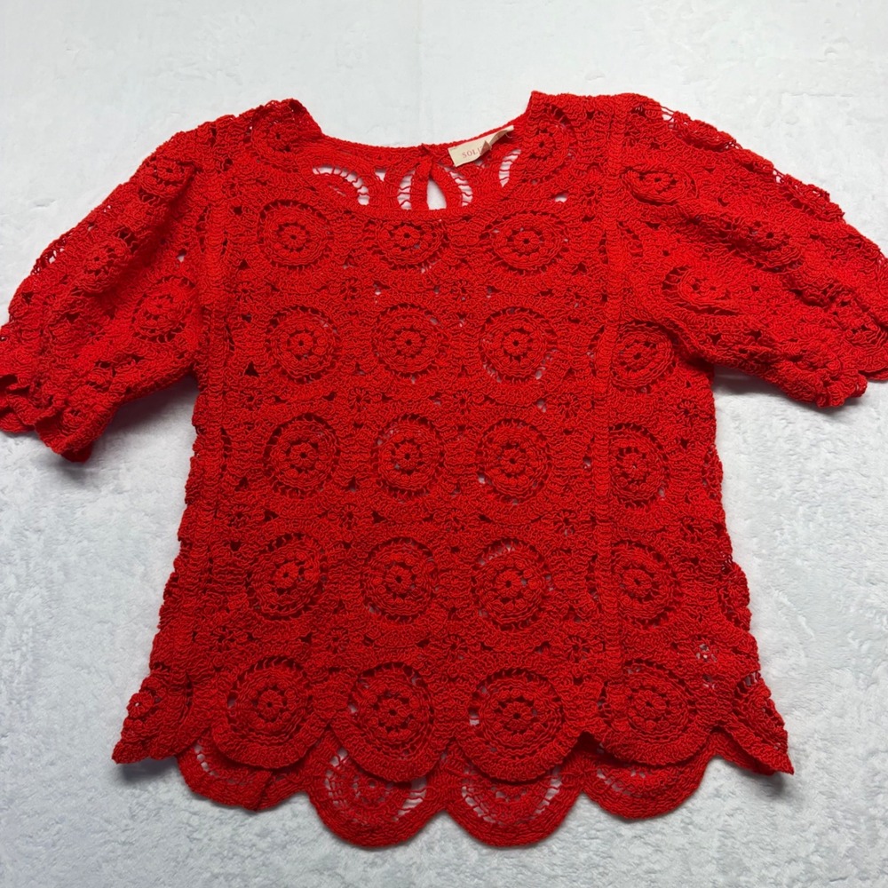 Solitaire Crochet Top S Orange Floral Medallion Scalloped Boho Cotton Blouse